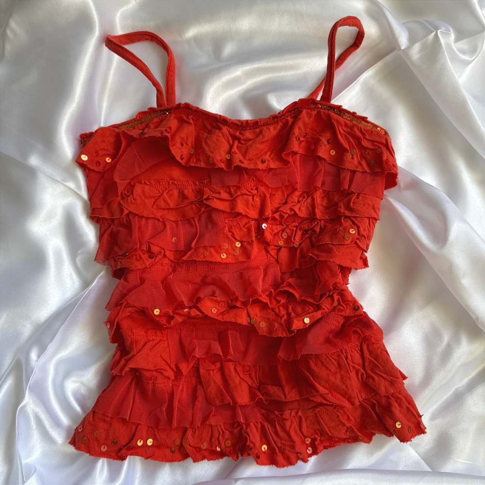 Justice Red Tiered Ruffle Sequin Camisole Spaghetti Strap Top girls Size 8